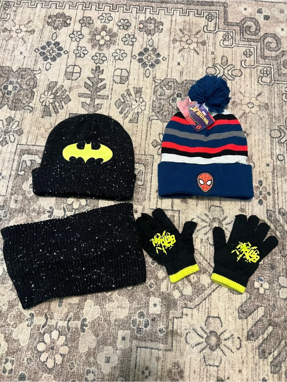 Batman Black Beanie with Yellow Logo and Matching Black Gloves